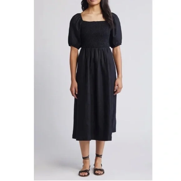 NEW Boden Sky Smocked Short Sleeve Linen Midi Dress
